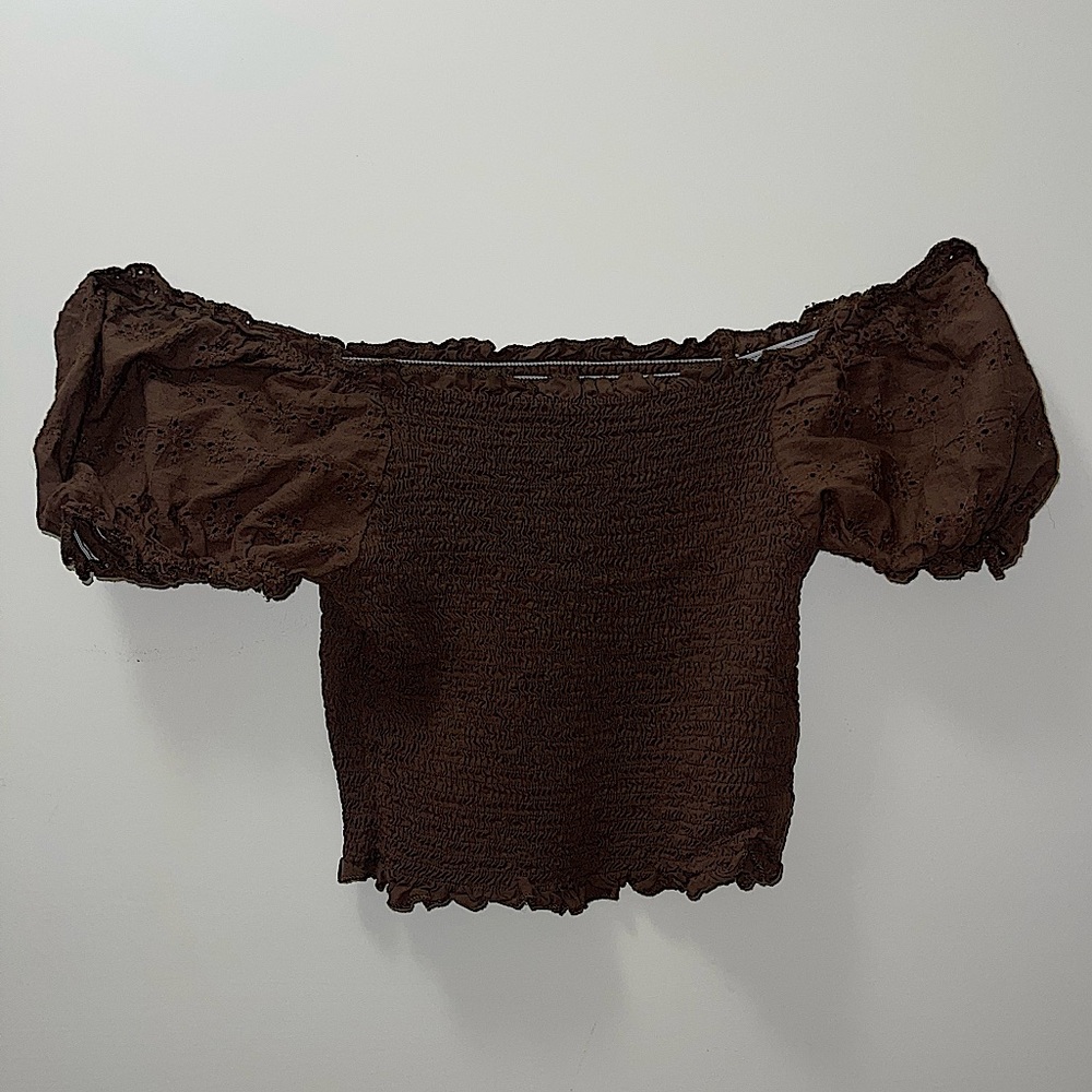 Brown Off-Shoulder Eyelet Top